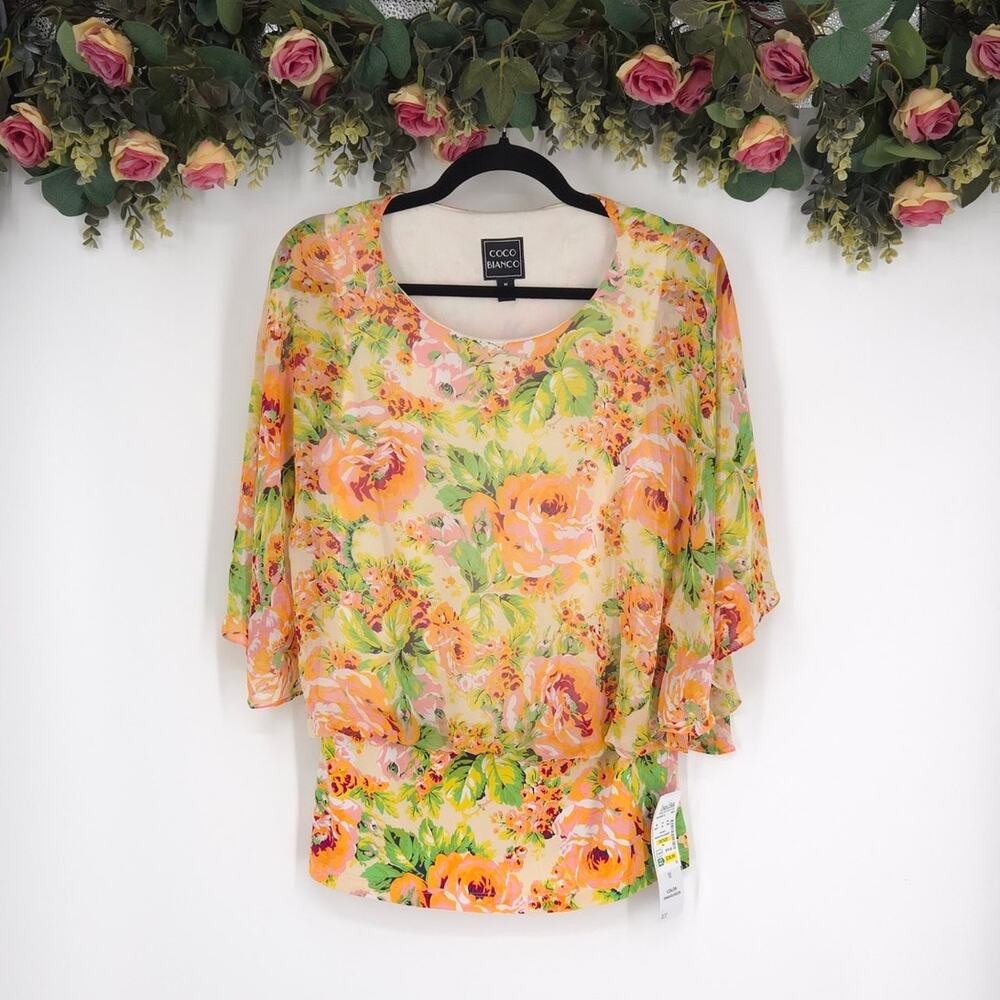 Coco Bianco Floral Sheer Layered Blouse Size Medium NWT
